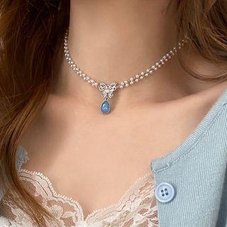 Butterfly Faux Crystal Pendant Faux Pearl Choker Pearl White - One Size