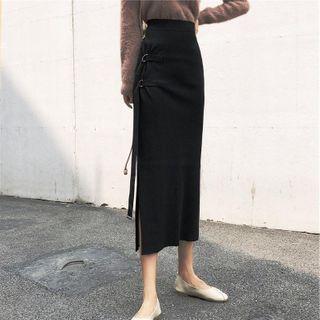 High-waist Knit Semi Skirt Black - One Size