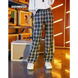 Straight-cut Plaid Pants Dark Blue - One Size