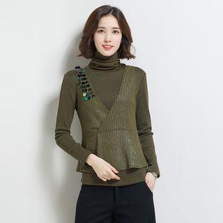 Set: Long-sleeve Mock-neck Top + Paneled Vest