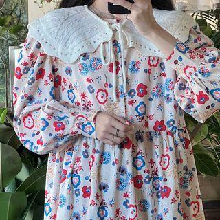 Long-sleeve Patterned Midi A-line Dress / Shawl
