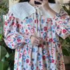 Long-sleeve Patterned Midi A-line Dress / Shawl