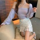 Set: Plain Long-sleeve Knit Shawl + Sleeveless Cropped Knit Halter Top