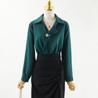 Single-button Blouse / Ruffle Side-slit Pencil Skirt