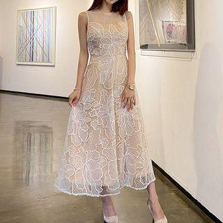 Sleeveless Floral Embroidered Midi Cocktail Dress