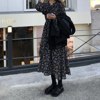 Double-breasted Blazer / Floral Long-sleeve Midi A-line Dress