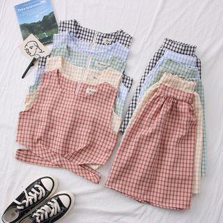 Set: Cutout-waist Checker Crop Vest + Mini Skirt