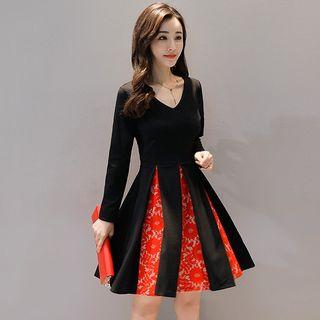 V-neck Print Panel A-line Dress