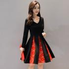 V-neck Print Panel A-line Dress