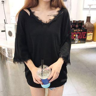 Open Shoulder Fray Elbow-sleeve T-shirt