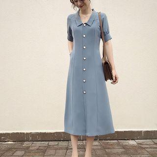 Short-sleeve Button Front Plain Dress