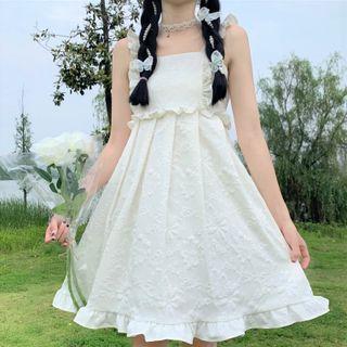 Ruffle Strap Floral Embroidered A-line Dress White - One Size