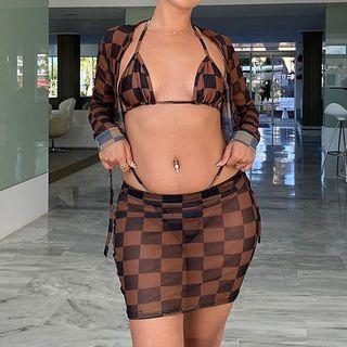 Set: Halter Plaid Top + Long-sleeve Shrug + Mini Skirt