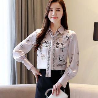Long-sleeve Graphic Print Tie-neck Blouse