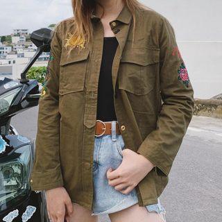 Embroidered Button Jacket Army Green - S