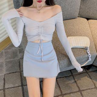 Off-shoulder Drawstring Top / A-line Mini Skirt