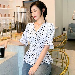 Elbow-sleeve Dotted Shirred Chiffon Peplum Top