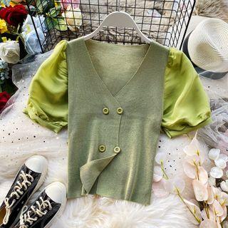 Short-sleeve Paneled Double-breasted Knit Top
