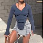 Long Sleeve V-neck Tie-waist Crop Top