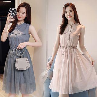 Set: Sleeveless Buttoned Dress + A-line Mesh Skirt