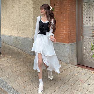 Square-neck Irregular Hem Midi A-line Dress / Bow Camisole Top