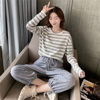 Set: Striped Long-sleeve T-shirt + Drawstring Waist Jogger Pants