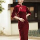 3/4-sleeve Velvet Midi Sheath Qipao Dress