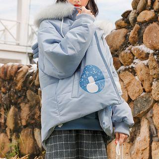 Faux-fur Hooded Snowman Print Jacket