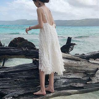 Spaghetti Strap Open-back Fringed Midi A-line Dress