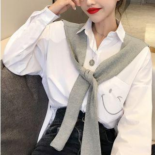 Smile Embroidered Mock Two-piece Shirt