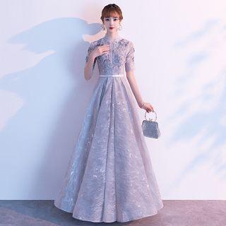 Short-sleeve Floral A-line Mesh Evening Gown