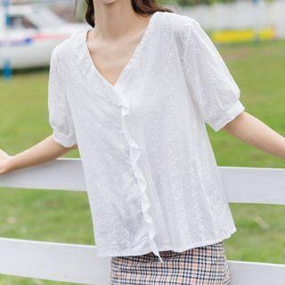 Puff-sleeve V-neck Ruffle Trim Eyelet Lace Shirt White - One Size