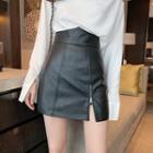 Off-shoulder Blouse / Faux Leather Mini A-line Skirt