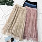 Sequined Mesh-overlay Velvet Midi Skirt