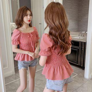 Puff-sleeve Tie Neck Shirred Plaid Blouse