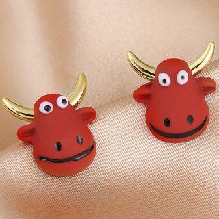 Cow Sterling Silver Ear Stud 1 Pair - Red & Gold - One Size