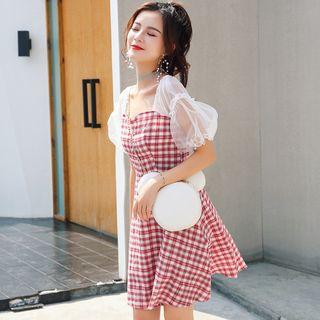 Puff Short-sleeve Plaid A-line Dress
