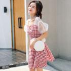 Puff Short-sleeve Plaid A-line Dress