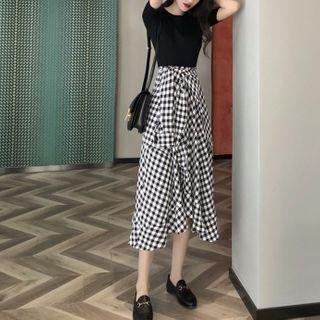 Mock Two-piece Checked Short-sleeve Midi A-line Dress As Shown In Figure - One Size