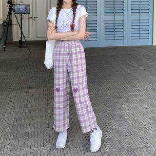 High-waist Heart Print Plaid Pants