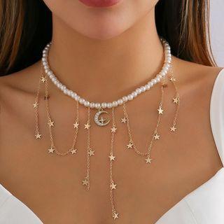 Moon & Star Layered Faux Pearl Alloy Choker