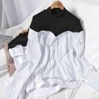 Mock-turtleneck Striped Panel Shirt