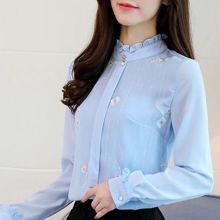 Mock-neck Flower Embroidered Blouse