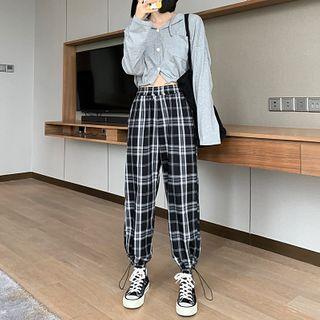 High-waist Plaid Drawstring-cuff Pants