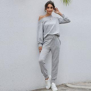Set: Off-shoulder Long-sleeve Top + Drawstring Sweatpants