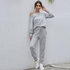 Set: Off-shoulder Long-sleeve Top + Drawstring Sweatpants