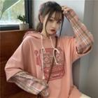 Mock Two-piece Plaid Graphic Print Hoodie Pink - One Size