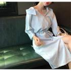 Long-sleeve Drawstring Waist Plain Dress Blue - One Size