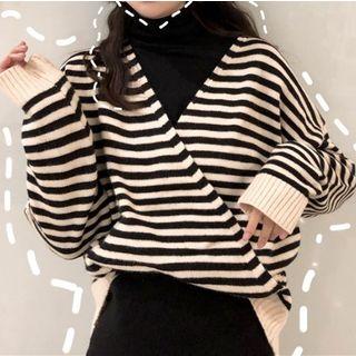 Mock-turtleneck Long-sleeve T-shirt / Midi A-line Skirt / V-neck Striped Sweater