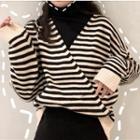 Mock-turtleneck Long-sleeve T-shirt / Midi A-line Skirt / V-neck Striped Sweater